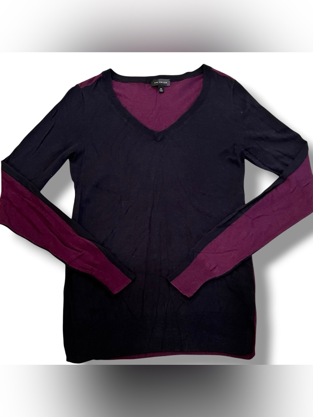 THE LIMITED Black V-Neck SWEATER XS Pointelle Lightweight Quiet Luxury Wool F-4